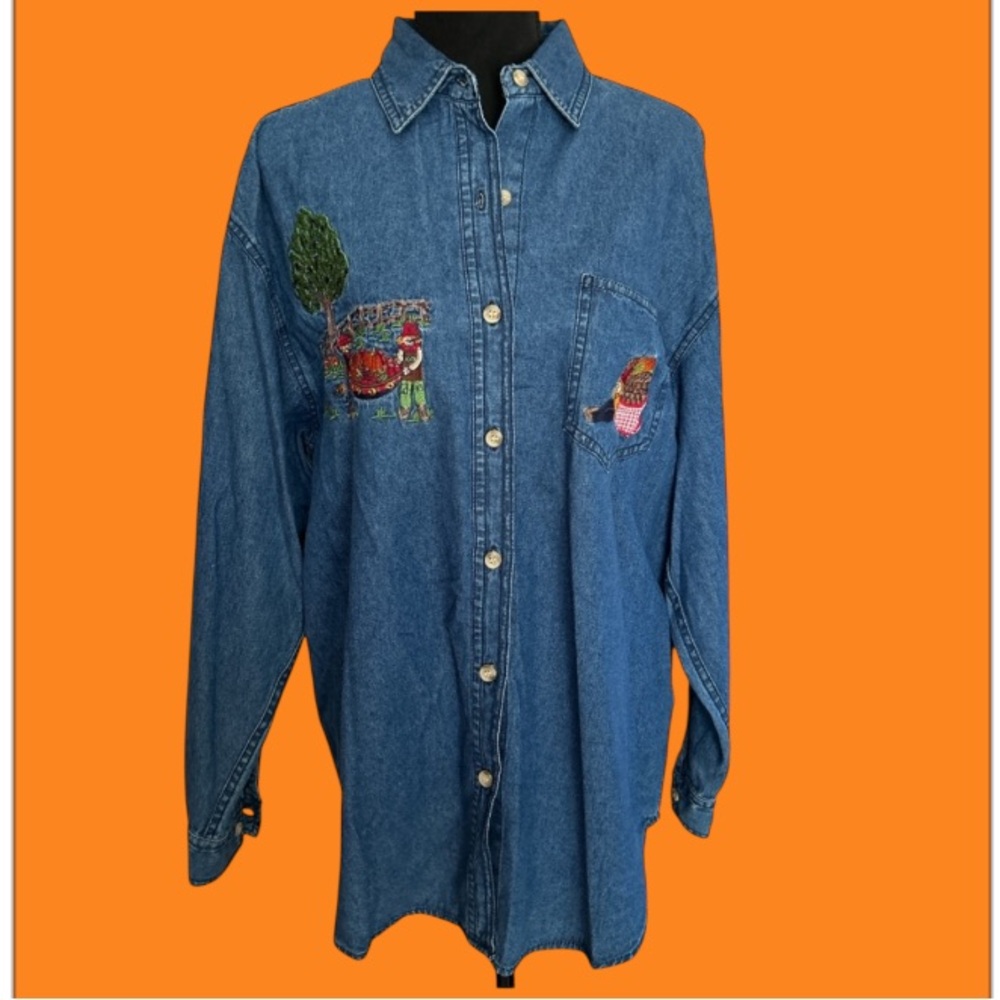 🎃 VTG! SOLUTIONS CASUALWEAR! 100% COTTON! EMBROIDERED DENIM BUTTON DOWN!